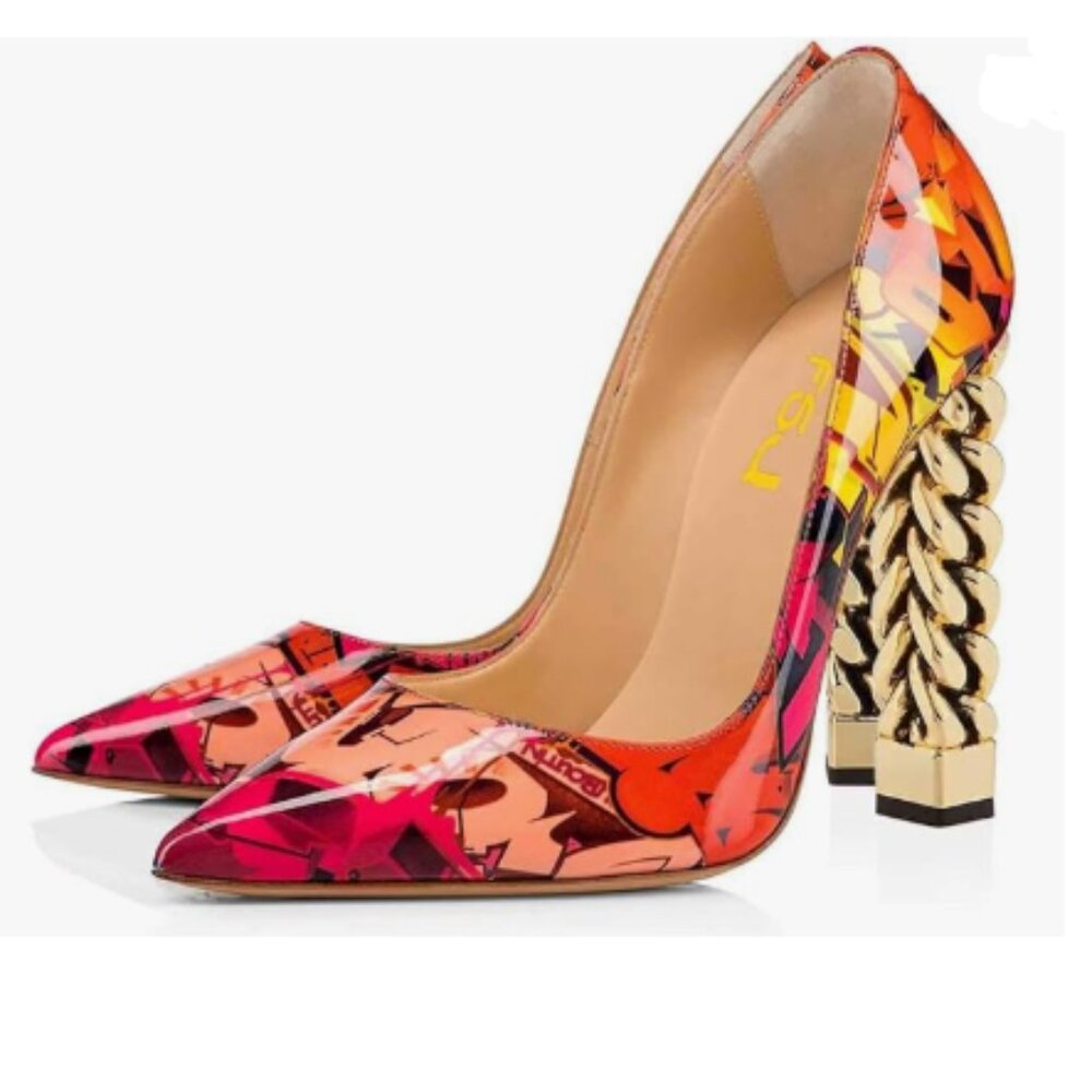 FSJ Red Graffiti Gold Metal Chain Chunky High Heel Pointed Toe Slip On Shoes